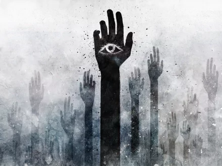 HD desktop wallpaper featuring a surreal, dark scene with outstretched hands, one with an eye in the palm, creating a weird and mysterious atmosphere.