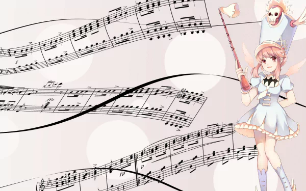 Nonon Jakuzure (Kill la Kill) in anime style at right with sweeping sheet-music notes on a pale background — HD PC desktop wallpaper/background.