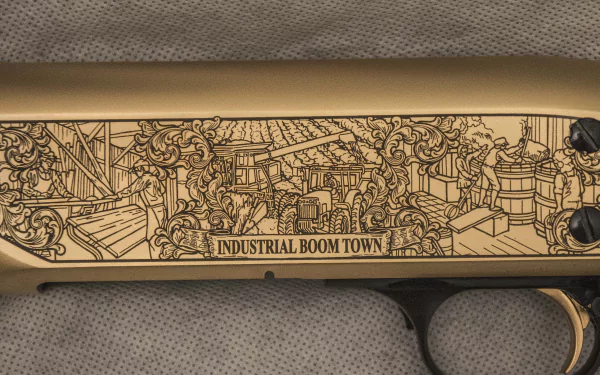 4K Ultra HD PC wallpaper featuring a close-up of a man-made shotgun engraved with a detailed Industrial Boom Town scene.
