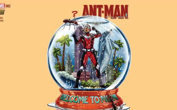 A comic-style 4K Ultra HD desktop wallpaper featuring Ant-Man trapped inside a snow globe with a cityscape and palm trees, titled WELCOME TO MARVEL.
