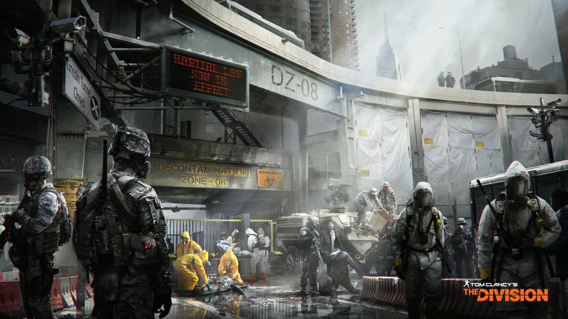 High-definition wallpaper from Tom Clancy's The Division, featuring a tense urban environment with soldiers and hazardous teams in action amidst a stark, post-apocalyptic setting.