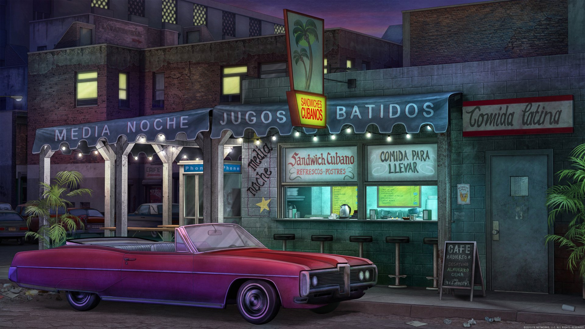 4K Ultra HD wallpaper featuring a nighttime bar scene from Archer (TV Show) with neon signs and a classic pink car parked outside.