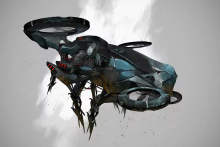 HD PC desktop wallpaper/background: Sci Fi spaceship — dark teal angular hull with circular rotors and spindly landing struts floating against a pale textured backdrop.