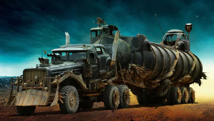 A rugged vehicle from Mad Max: Fury Road set against a dramatic sky, showcasing the film's post-apocalyptic aesthetic in this HD desktop wallpaper.