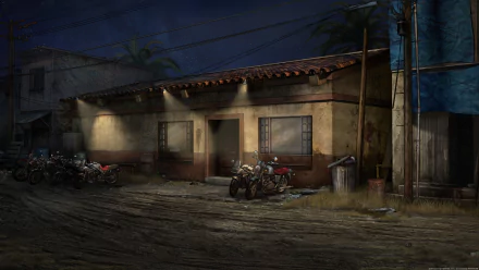 4K Ultra HD desktop wallpaper featuring a dark, moody street scene from the TV show Archer, highlighting detailed motorcycles parked outside a weathered building at night.
