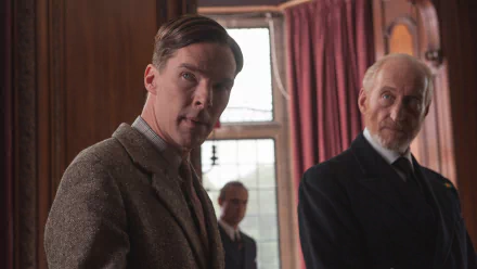 Benedict Cumberbatch and Charles Dance in a scene from the movie The Imitation Game, set against a classic interior backdrop, captured in high-definition detail.