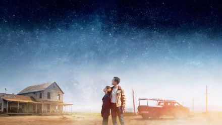 A vivid HD wallpaper from the movie *Interstellar*, featuring two figures gazing at a starry sky with a rustic farmhouse and truck in the background.