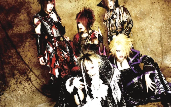 HD desktop wallpaper of a five-member J-Rock visual-kei band in dramatic, phantasmagoric costumes and makeup against a textured sepia background, evoking dark music aesthetics.