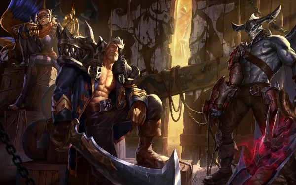 A vibrant HD wallpaper featuring Aatrox, Garen, and Quinn from League of Legends, showcasing their fierce presence in a dynamic fantasy setting.