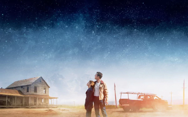 A vivid HD wallpaper from the movie *Interstellar*, featuring two figures gazing at a starry sky with a rustic farmhouse and truck in the background.
