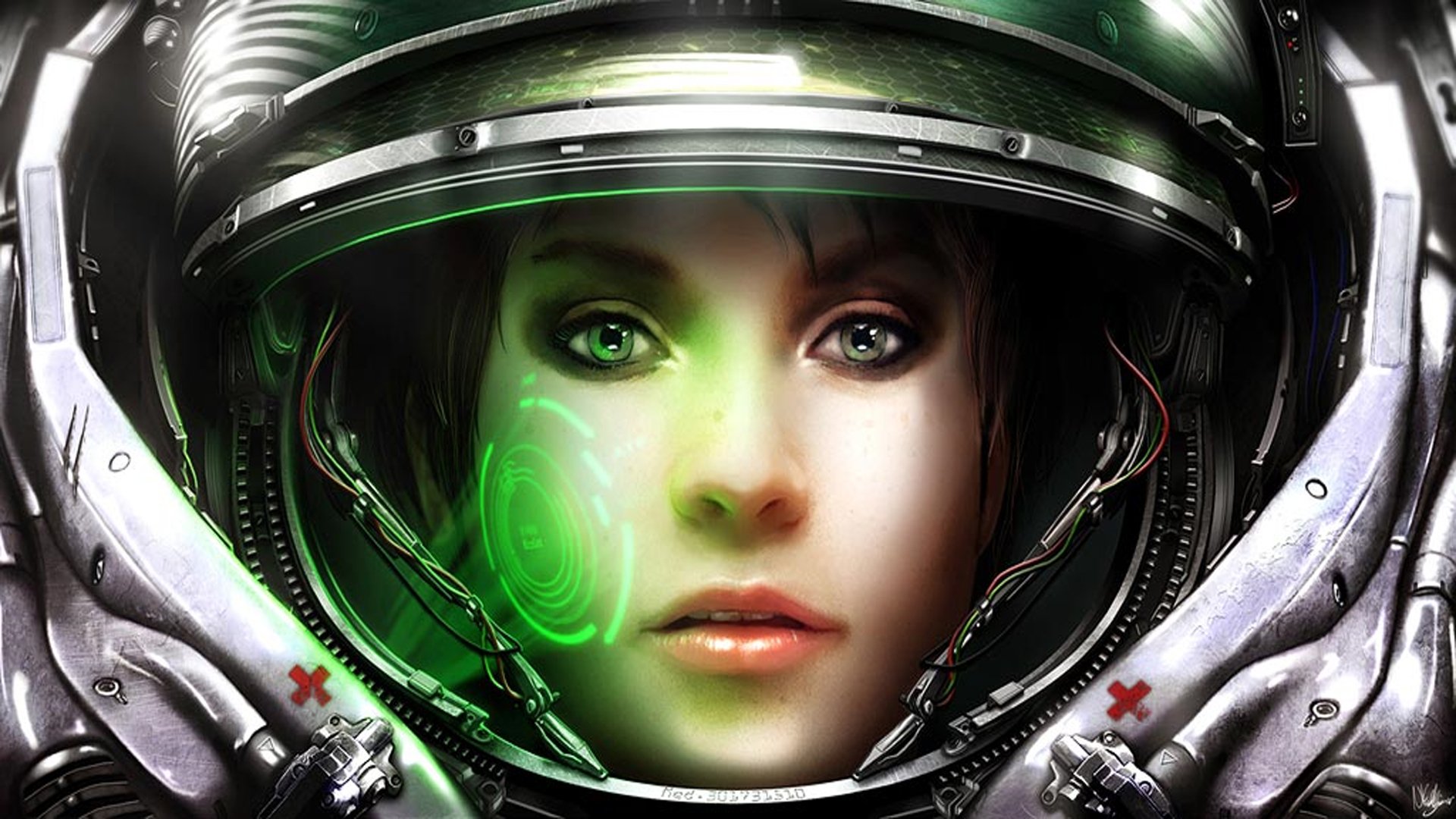 HD PC desktop wallpaper featuring a close-up of a female space marine from the video game Starcraft II: Wings of Liberty, showcasing futuristic helmet and holographic display.