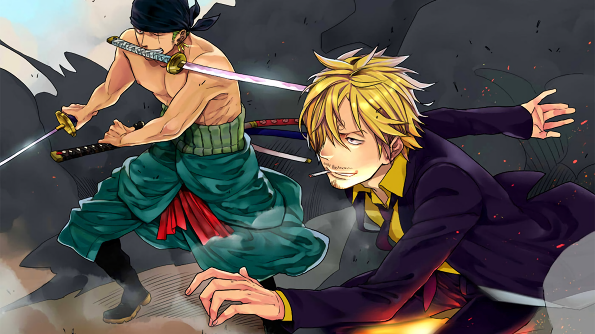 HD desktop wallpaper of Sanji and Roronoa Zoro from One Piece, featuring the two anime characters poised for action amidst a dramatic background.