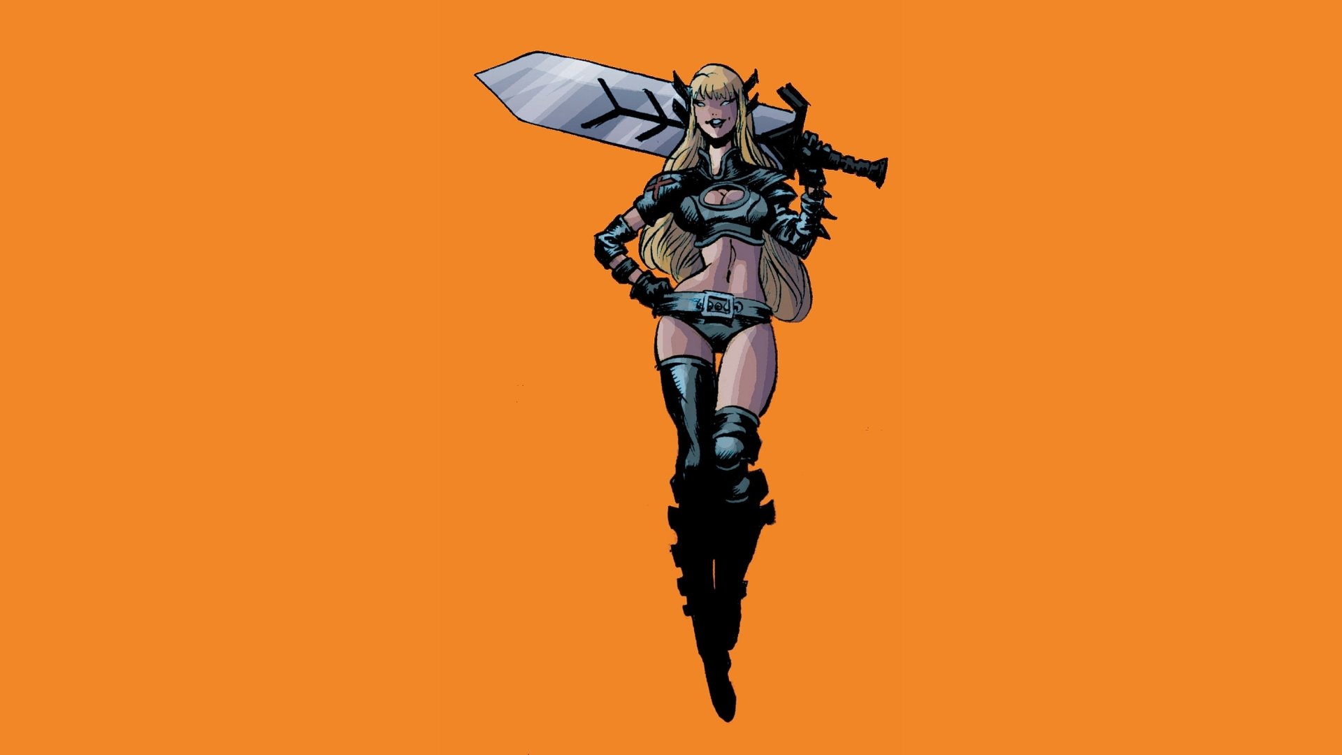 A dynamic comic-style image of Magik from Marvel Comics, portrayed with a bold orange background, wielding a large sword and exuding a confident presence.