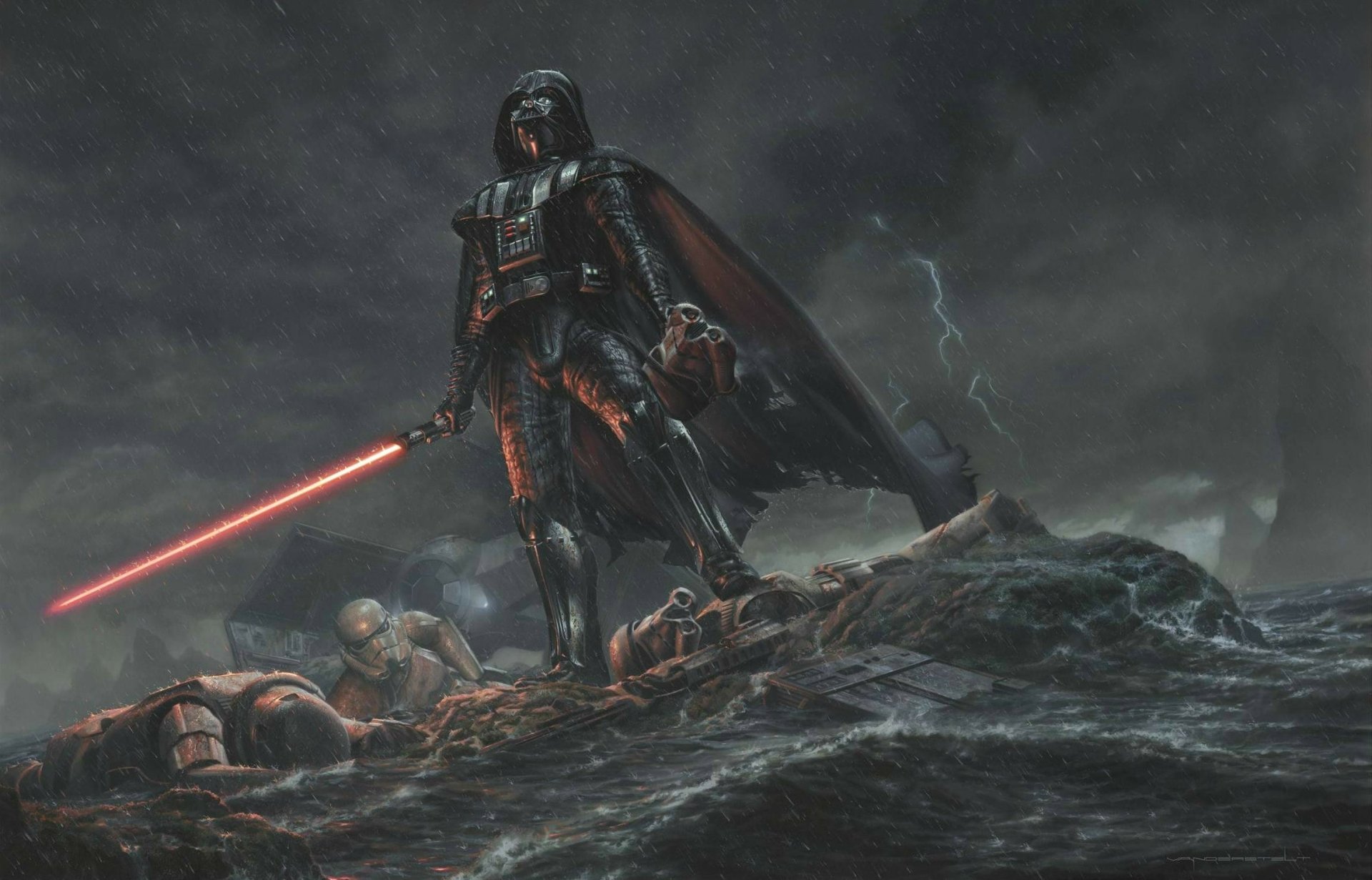 A dramatic HD wallpaper featuring Darth Vader standing amidst stormtroopers on a turbulent landscape, embodying the intense atmosphere of the Star Wars sci-fi universe.