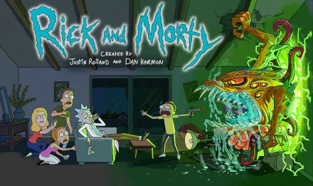 HD desktop wallpaper featuring Summer Smith, Morty Smith, Jerry Smith, Beth Smith, and Rick Sanchez from the TV show Rick and Morty, with a large, green monster in the living room.