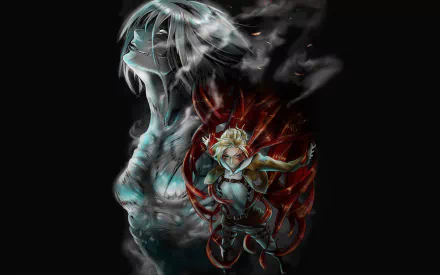 An HD desktop wallpaper featuring Annie Leonhart from the anime Attack on Titan, showcasing a dramatic and powerful artwork with her in both her human and Titan forms.