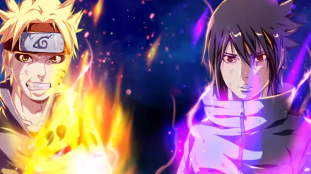 A vibrant HD wallpaper of Sasuke Uchiha and Naruto Uzumaki from the anime Naruto, showcasing their intense auras against a dramatic cosmic background.