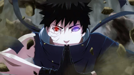 HD desktop wallpaper of Obito Uchiha from Naruto, featuring his Sharingan and Rinnegan eyes, set against a dynamic battle backdrop.