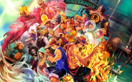 An HD desktop wallpaper featuring characters from the anime One Piece: Tony Tony Chopper, Franky, Donquixote Doflamingo, Trafalgar Law, Portgas D. Ace, Usopp, Brook, Nico Robin, Nami, Sanji, Roronoa Zoro, and Monkey D. Luffy.