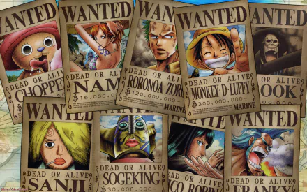 HD desktop wallpaper featuring One Piece characters Tony Tony Chopper, Nico Robin, Franky, Usopp, Sanji, Brook, Monkey D. Luffy, and Roronoa Zoro on their wanted posters.