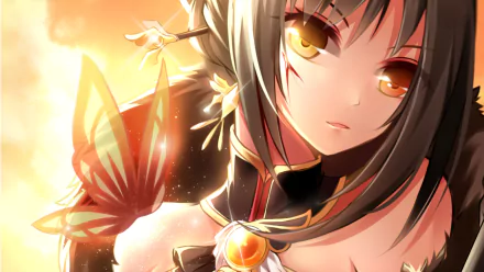 HD desktop wallpaper featuring Ara from the video game Elsword, showcasing a detailed, vibrant illustration with warm tones and a butterfly motif.