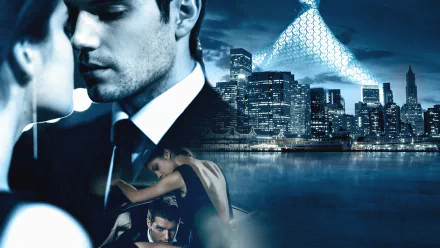 HD desktop wallpaper featuring Jamie Dornan in scenes from the movie Fifty Shades of Grey, set against a cityscape backdrop.
