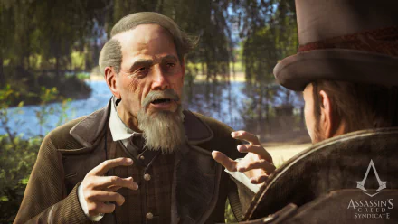 A scene from the video game Assassin's Creed: Syndicate features two characters engaged in a lively conversation, set against a lush, natural background.