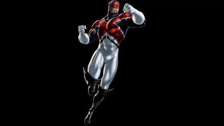 Comic-style Captain Britain in dynamic pose, rendered in 4K Ultra HD, presented as a striking PC desktop wallpaper and background.