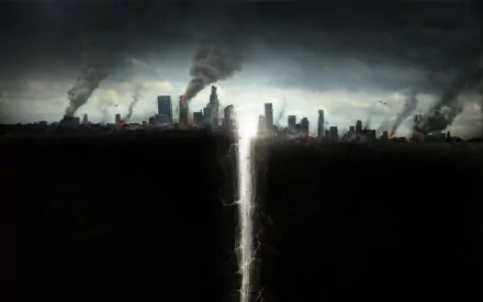 San Andreas movie 2K Quad HD PC desktop wallpaper and background: stormy skyline split by a glowing fault line, buildings crumbling and smoke rising.