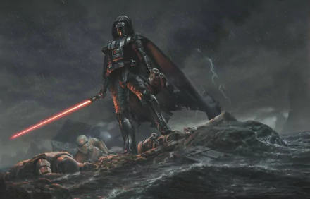 A dramatic HD wallpaper featuring Darth Vader standing amidst stormtroopers on a turbulent landscape, embodying the intense atmosphere of the Star Wars sci-fi universe.