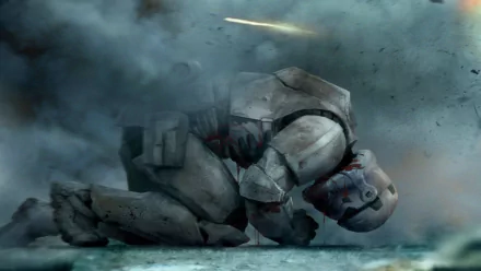 A dramatic HD desktop wallpaper shows a Star Wars stormtrooper kneeling on the ground amid smoke and debris, creating a powerful and intense background.