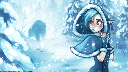 Fantasy HD PC desktop wallpaper featuring a blue-hooded elf with red eyes in a snowy forest, with a distant bear-like silhouette amidst falling snowflakes.