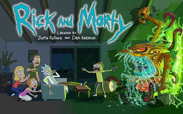 HD desktop wallpaper featuring Summer Smith, Morty Smith, Jerry Smith, Beth Smith, and Rick Sanchez from the TV show Rick and Morty, with a large, green monster in the living room.