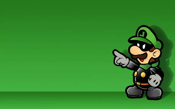 HD wallpaper featuring Luigi from Super Paper Mario, animated in a vibrant green background. Luigi strikes a playful pose, pointing confidently.