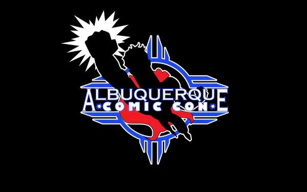 Albuquerque Comic Con logo featuring a dynamic comic-style silhouette with bold blue and red accents, designed as an 8K Ultra HD PC desktop wallpaper.