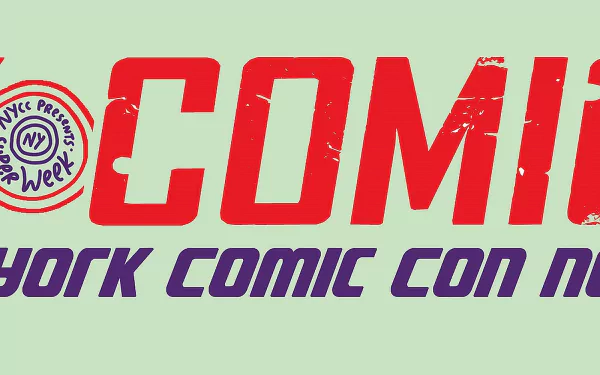 HD PC desktop wallpaper featuring bold red and purple text promoting New York Comic Con, capturing the energetic spirit of the Comic Con and comic culture.
