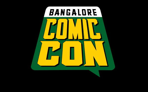 Bangalore Comic Con logo with bold yellow text on a green speech bubble against a black background, designed as a 4K Ultra HD PC desktop wallpaper.