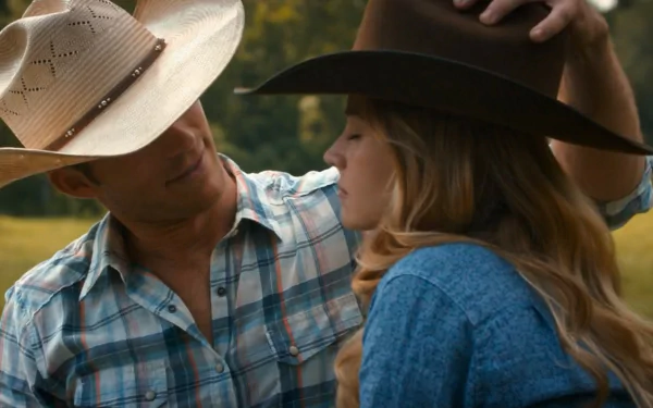 HD PC desktop wallpaper from the movie The Longest Ride shows a close moment between a man and woman wearing cowboy hats in a rural setting.