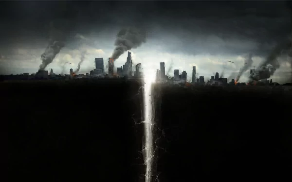San Andreas movie 2K Quad HD PC desktop wallpaper and background: stormy skyline split by a glowing fault line, buildings crumbling and smoke rising.
