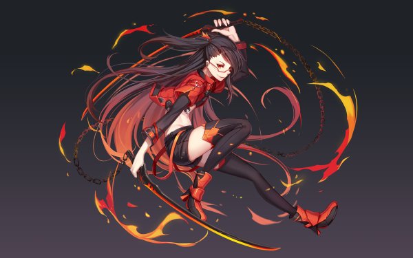Anime Original Warrior Long Hair Black Hair Sword Glasses Red Eyes Smile HD Wallpaper | Background Image