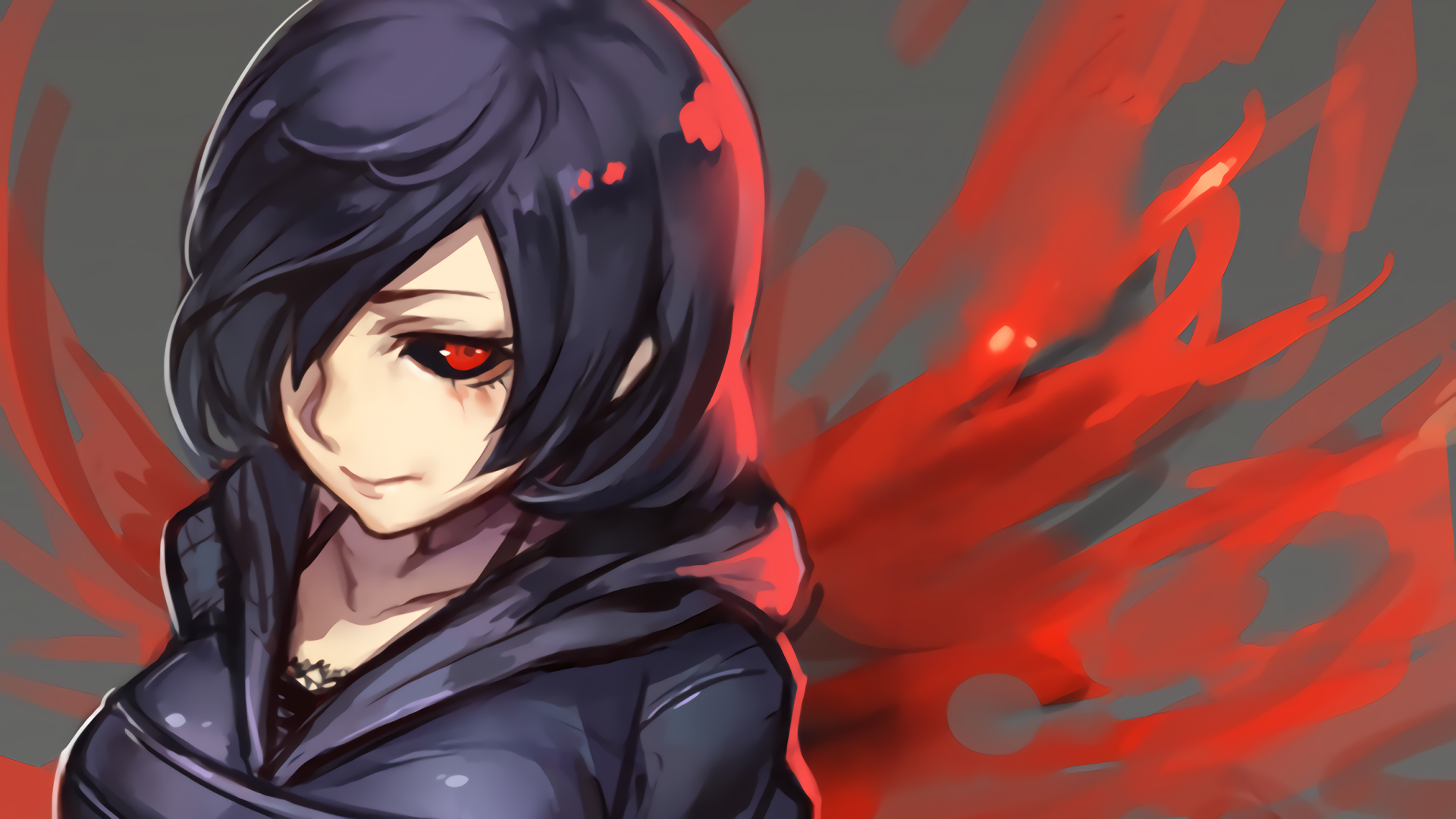 Vibrant HD wallpaper featuring Touka Kirishima from Tokyo Ghoul, showcasing her striking appearance and the dramatic red background, capturing the essence of the anime.