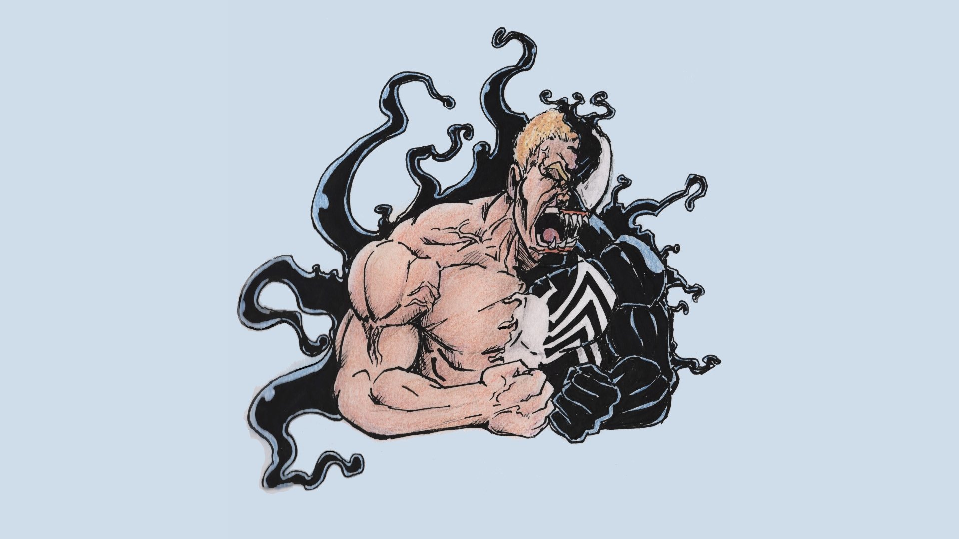 Comic-style Venom character transforming, depicted in sharp 8K Ultra HD detail, designed as a dynamic PC desktop wallpaper and background.