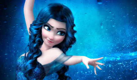 A vibrant HD wallpaper featuring a character from the movie Frozen Fever, showcasing her with flowing blue hair and a sparkling outfit against a cool blue background.