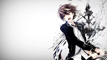 HD wallpaper featuring Shu Ouma from the anime Guilty Crown, showcasing an action-packed pose with dynamic, stylized artwork. A striking background enhances the character's energy.