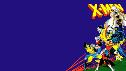 HD desktop wallpaper featuring Marvel's X-Men characters Cyclops, Colossus, Nightcrawler, Storm, and Wolverine against a blue background with the X-Men logo.