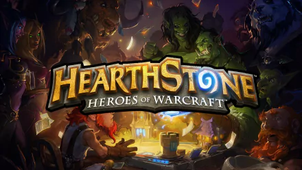 HD PC desktop wallpaper featuring the logo and characters of the video game Hearthstone: Heroes of Warcraft in a dark, fantasy-themed setting.