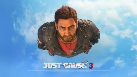 Rico Rodriguez from Just Cause 3 soars through a bright sky, featured prominently in this HD desktop wallpaper showcasing the game's dynamic action and adventure.