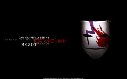 HD wallpaper featuring a mask with blood splatter and a dark background, inspired by the anime Darker than Black. Text reads Can you really see me behind the mask?