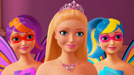 HD PC desktop wallpaper from the movie Barbie in Princess Power showing Barbie in a tiara and necklace flanked by two colorful masked heroines on a magenta background.