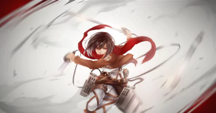 HD desktop wallpaper featuring Mikasa Ackerman from the anime Attack on Titan in action, wielding her blades and wearing her Survey Corps gear.